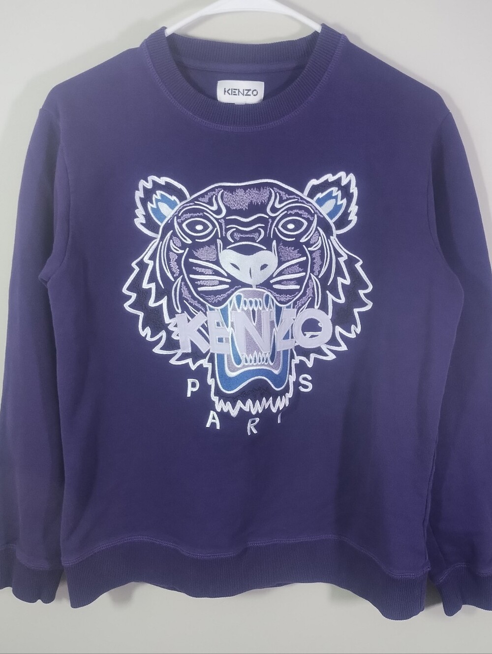 Kenzo Men’s Embroidered Tiger Big Logo Purple White Sweatshirt Size SMALL